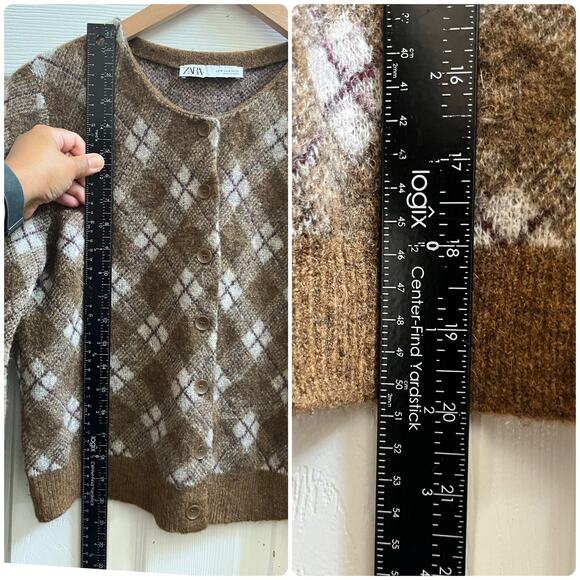 Zara Brown Wool Blend Argyle Print Crew Neck Cropped Cardigan Medium Academia - Picture 8 of 11